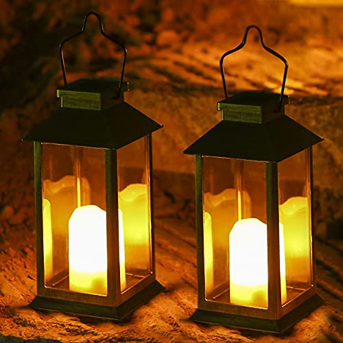 Solar Garden Lanterns Outdoor Hanging Waterproof Lights for Candles 2 Pack (Black)