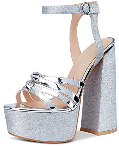 NobleOnly Donna Sandali Plateau Tacco a Blocco 15CM Platform High Heels Argento Glitter Scarpe EU 37