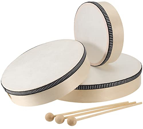 JOIKIT 3 Pack 6, 8, 10 Zoll Handtrommel Set, Holz Handtrommel mit Schlägel, Tamburin Trommel Percussion für Musikaufklärung, Instrument