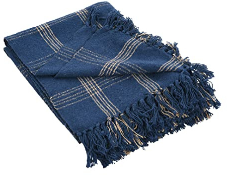 Creative Co-Op Recycled Cotton Blend Throw Blanket with Fringe, Blue Plaid