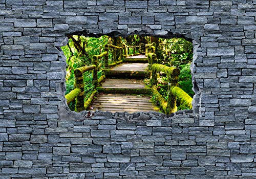 wandmotiv24 Fototapete 3D Optik -Holztreppen im Urwald - Steinmauer, 200 x 140cm - selbstklebende Strukturtapete, Wanddeko, Wandbild, Wandtapete, 3D-Optik, Wandbruch, Landschaft M0626