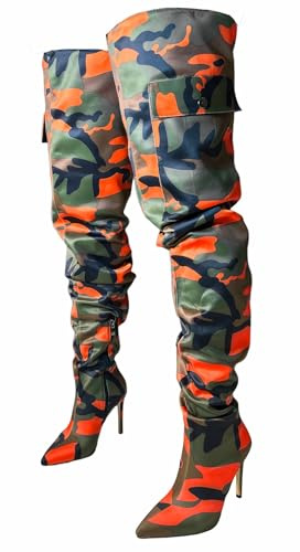 MissHeel Stiletto Thigh High Boots for Thick Thigh Over Size US Tall Tall Boots Sexy High Heel Over-Knee Orange Camo Boots Size US 8