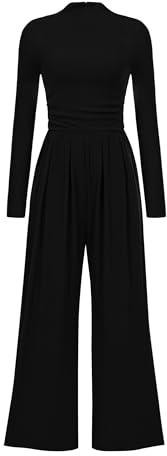 PRETTYGARDEN Jumpsuits For Women Dressy Fall Fashion Clothing 2025 Long Sleeve Mock Neck Date Night Rompers Business Outfits (Black,Large)