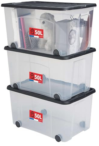 Sundis Ventilo, set di 3 scatole portaoggetti, con coperchio e ruote, 50l, plastica trasparente, impilabile, ideale per camerette, giocattoli, ufficio, lavanderia - nero