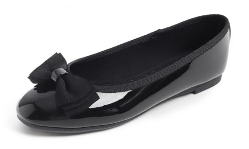 MEET JOLIE Women's Round Toe Cute Bow Trim Ballet Flats Black Patent Size 7 M US