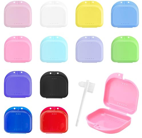 Lot de 12 boîtes pour appareils dentaires avec brosse de nettoyage, boîte de rangement pour appareils dentaires, prothèses, gouttière dentaire, boîte de nettoyage, gouttière de morsure, gouttière à