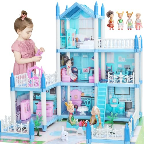 Casa de Muñecas de 3 Pisos Para Niñas 3-8 Años - 6 Piezas Con 4 Muñecas, Accesorios Ligeros y Muebles