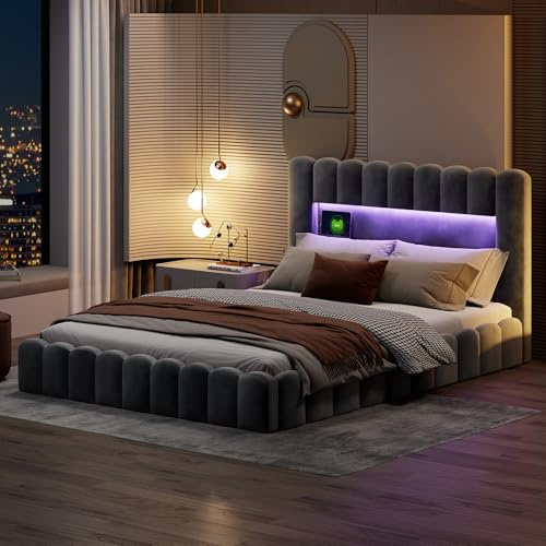 Klädsel 180 x 200 cm, dubbelsäng med lagringsutrymme och ribbotten, sängram med LED, hydraulisk förvaringssäng, funktionella sängar, ryggstöd, sängram (grå + LED + USB, 180 x 200 cm)