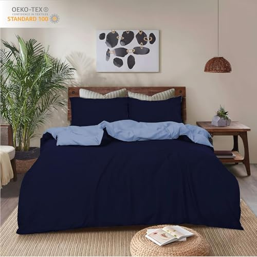 REHAN & CO Super King Duvet Cover Sets – Soft Brushed Microfiber Bedding – Reversible Quilt Cover With Pillow Cases (Navy/Blue)