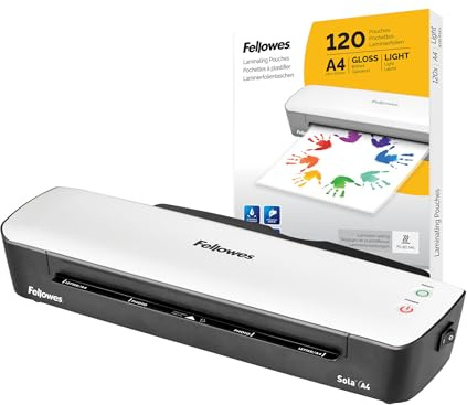 Fellowes Sola A4 Laminator Machine for Home Use - Auto Shut Off Feature - 80-125 Micron - Amazon Exclusive + Fellowes A4 Laminating Pouches, Glossy Finish, 120 Sheets - Ideal for Notices and Photos