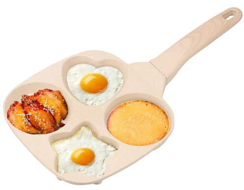 JEJUWE Maifan Stone 4 Hole Pancake Egg Pan for Breakfast Nonstick Breakfast Pan Omelette Maker with Detachable Wood Handle for Kitchen Cooking(Beige)