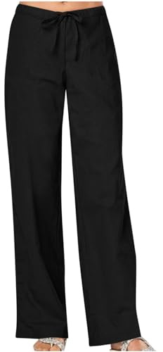 Pants for Women UK Linen Trouser Womens UK Casual Smart Palazzo Pants Elasticated Waist Loose Fit Plain Cotton Linen Straight Leg Work Going Out Beach Pants with Pockets Black
