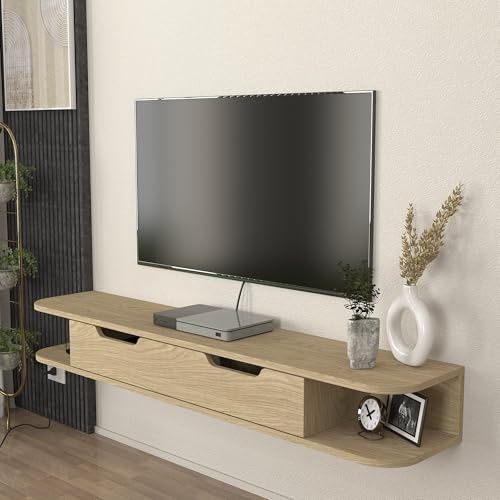 [en.casa] Mobile Porta TV da Parete con Anta a Ribalta e 2 Ripiani Mensola Sospesa con 3 Scomparti Vani Stand Multimediale Fori Passacavi 150 x 30 x 19 cm - Effetto Rovere