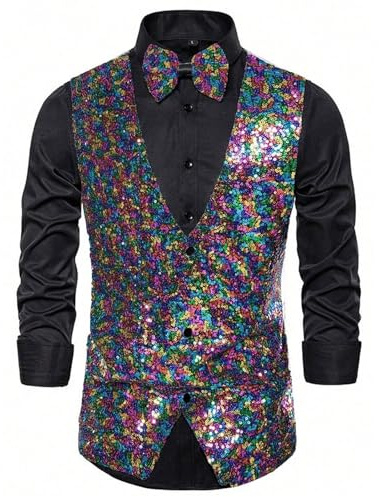 Foweknow Gilet de costume à paillettes pour homme - Tenue disco des années 70 et 80 - Gilet métallique brillant - Costume de carnaval - Pour mariage, fête, bal de fin d'année, spectacle sur scène