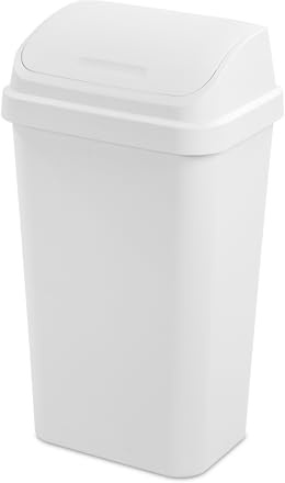 White 13 Gallon Swing Top Kitchen Trash Can - Durable Plastic Garbage Bin, Space-Saving Waste Container for Kitchen & Pantry