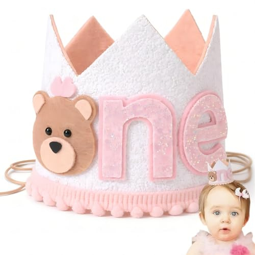 JOVYTH Birthday Crown Bear Hat, Felt Birthday Crown, Bear Crown Birthday with Elastic Band,Corona de Cumpleaños para Niñas， Birthday Hat for First Birthday Girl Boy