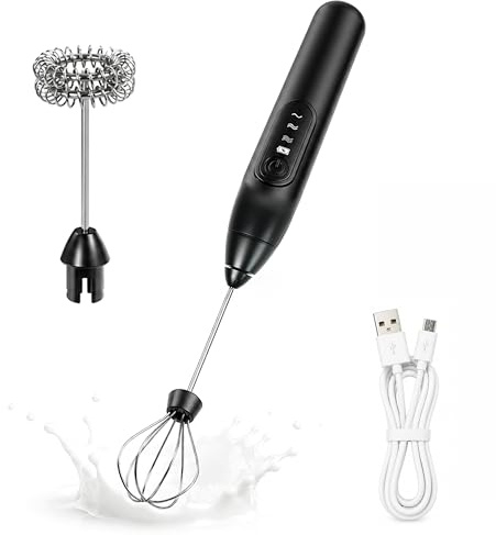 Frullino Montalatte Elettrico Ricaricabile USB, Cappuccinatore Elettrico 3 Velocità con 2 Fruste in Acciaio Inox per Cappuccino, Matcha e Bevande