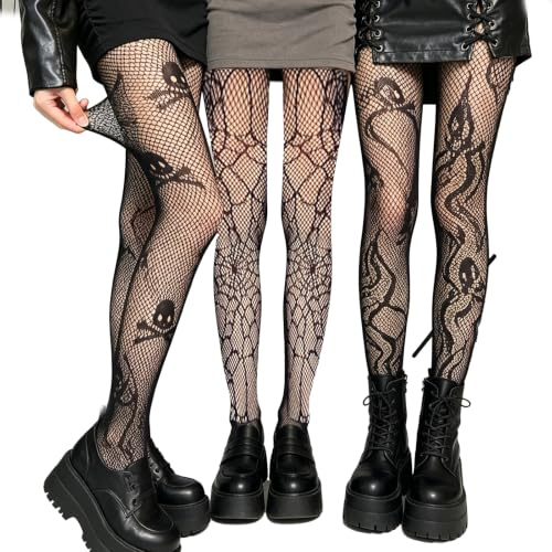 wudulangmany 3Pcs Patterned Fishnet Tights, Fishnets for Women, Funky | 3pcs fishnet tights. Spiderweb snake skull pattern. Black lace. For women party, cosplay, daily wear. Halloween goth style.