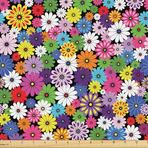 ABAKUHAUS Fiore Tessuto a Metraggio, Margherite Vivid floreali, Tessuto Decorativo per Tappezzeria e Accenti Casa, 5M (148x500cm), Multicolore Nero