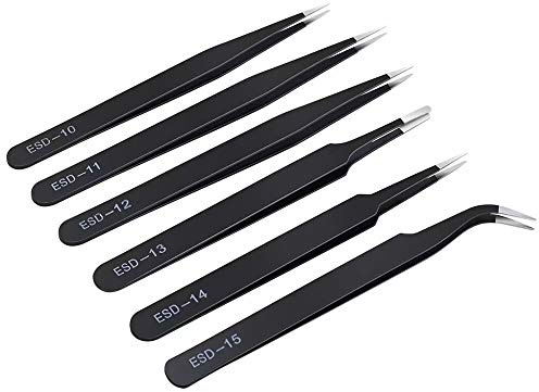 6PCS Precision Tweezers Set, Upgraded Anti-Static Stainless Steel Curved of Tweezers, for Electronics, Laboratory Work, Jewelry-Making, Craft, Soldering, etc, by kaverme.