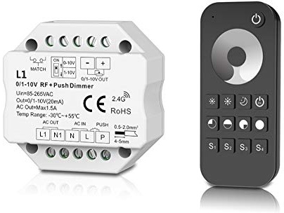 LEDUX 0/1-10V Dimmer mit 2.4G Funk, Push-Dimm Funktion, 230V, 1 Kanal, Einstellbar für 0-10V oder 1-10V (Dimmer + Fernbedienung)