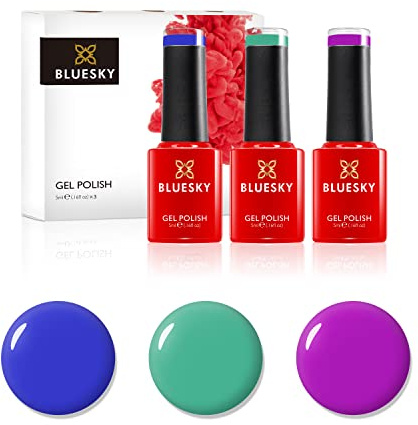 Bluesky Gel Nail Polish Set, Percipitation Dc112, Blue Eyeshadow 80639, Purple Pleasure Neon28, Green, Turquoise, Rainbow Unicorn, 3 x 5 ml (Requires Curing Under UV or LED Lamp)