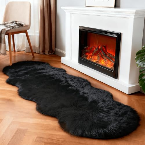 linmopm Faux Fur Rug Sheepskin Shag Fluffy Fuzzy Black 2x6 ft Runner Rugs for Bedroom Bedside Bed Floor Living Room Plush High-Density Cushion Carpet Super Sofa Cover