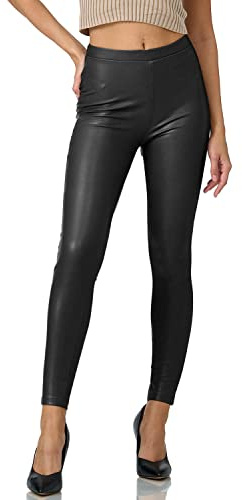 Gloop Damleggings i fuskläder med hög midja byxor tights treggings leggings fuskläder leggings läder look hög, Svart med rumpa fickor, M