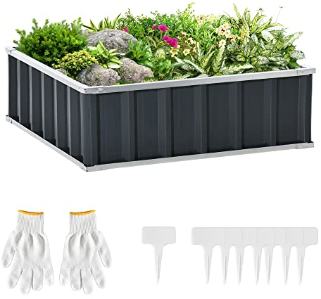 Outsunny Letto per Orto Rialzato in Acciaio con Fondo aperto, Montaggio Senza Attrezzi, Portapiante per Ortaggi, Erbe e Fiori, 90x90x30 cm, Grigio Scuro