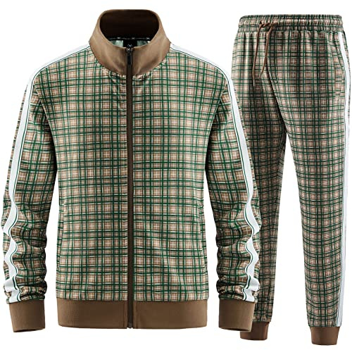W JIANWANG Track Suits for Men Set Jogging Tracksuit Mens Sweatsuits 2 Piece Sport Plaid Jogger Sweat Suits Sports Clothes Jackets and Pants Two-piece Outfits Green JW-2601-XL