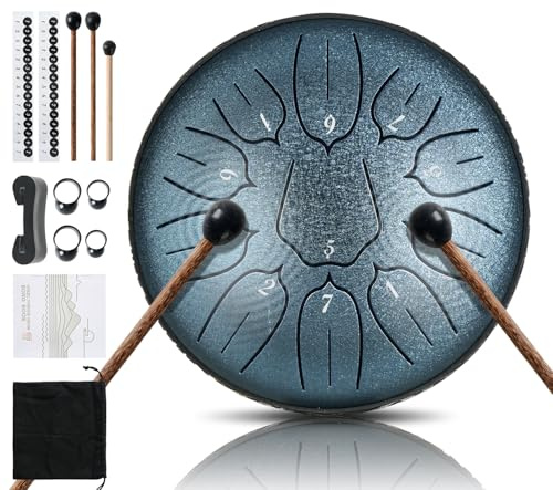 Harmuhos Rain Drum for Outside, 6 Inch 11 Notes D Major Steel Tongue Drum, Steel Drum Percussion Instrument for Yoga, Meditation & Music Education with Music Book, Mallets, Carry Bag & Finger Picks