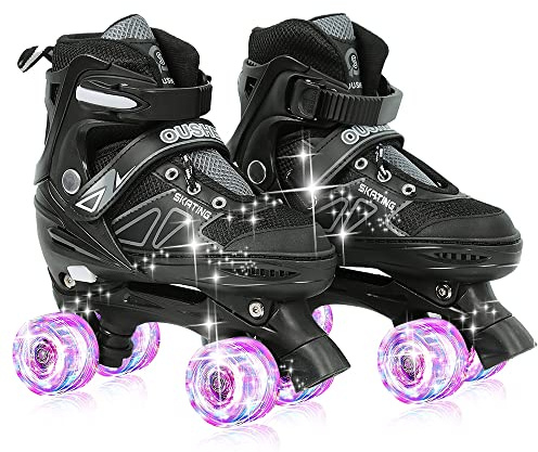 XUANYU Patins à roulettes avec Roues Lumineuse, Rollers Quad Classiques, Roller Skates pour Filles et Garçon, Confortables et Respirants Patin a Roulette pour Débutants, Noir S (27 à 32)