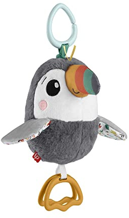 Fisher-Price Plush Stroller Toy for Newborn Babies, Flap & Go Toucan, Crinkle and Clacker Sensory Toy with Flapping Motion, HNX66