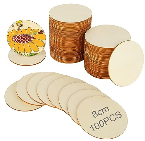 SENENQU Confezione da 100 dischi di legno rotondi, 8 cm, diametro 8 cm, spessore 2,5 mm, per il fai da te, pannelli in legno rotondi per sottobicchieri e per il fai da te