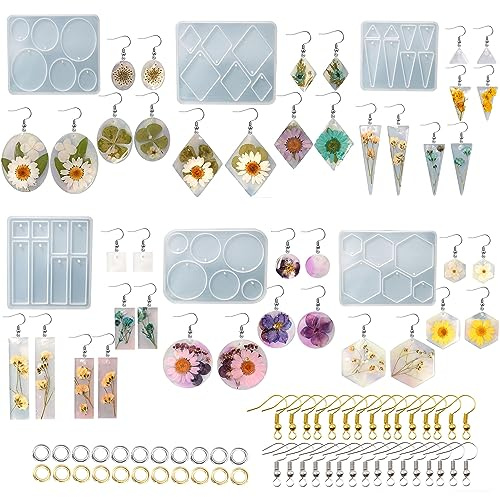 Cayway 6 PCS Silicone Moule pour Bijoux Boucles D'oreilles , Boucle D'oreille Moules en Résine Epoxy, 100 PCS Crochets D'oreille et Anneaux de Saut pour Boucles D'oreilles en Résine