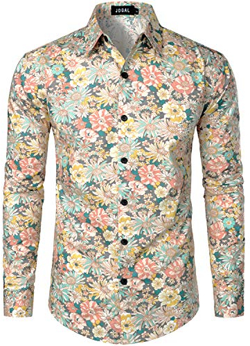 JOGAL Herren Regular Fit Floral Business Hemd Langarm Button Down Print Freizeithemd Grau Pfingstrose X-Large