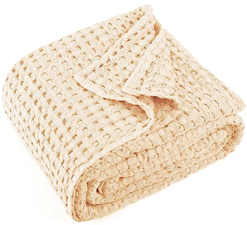 Carriediosa - Manta 100 % algodón gofrado de 400 g/m², manta térmica transpirable para cama, sofá, manta suave y acogedora para decoración del hogar, todas las estaciones, 127 x 152 cm, amarillo claro