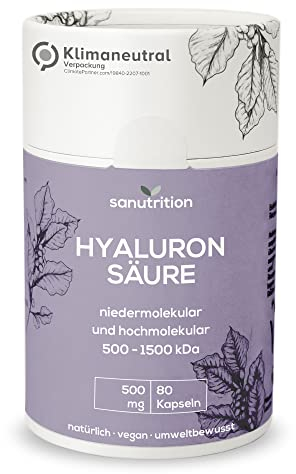 Hyaluronsäure 500 mg pro Kapsel | 60 Kapseln | Hochdosiert 500 – 1500 kDa | Niedermolekular und hochmolekulare Form | gute Bioverfügbarkeit und Verträglichkeit | Vegan