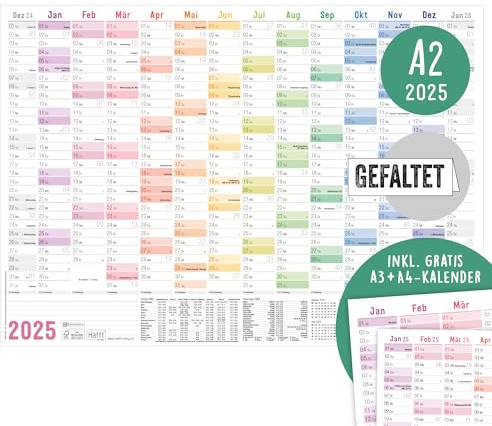 Häfft® Wandkalender 2025 A2 gefalzt (59,4 x 42 cm) Rainbow Wandplaner mit Ferien- und Feiertags-Übersicht, inkl. gratis A3 + A4 Kalender - nachhaltig & klimafreundlich