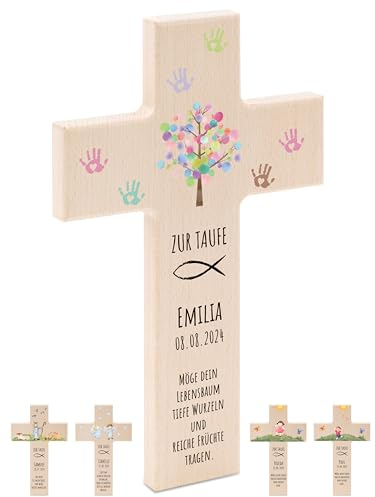 Bärenfreunde - Personalisiertes Taufkreuz mit hochwertigem Spezial-Druck aus massivem Buchenholz - Taufe Geschenk - Holzkreuz Taufe (Lebensbaum bunt)