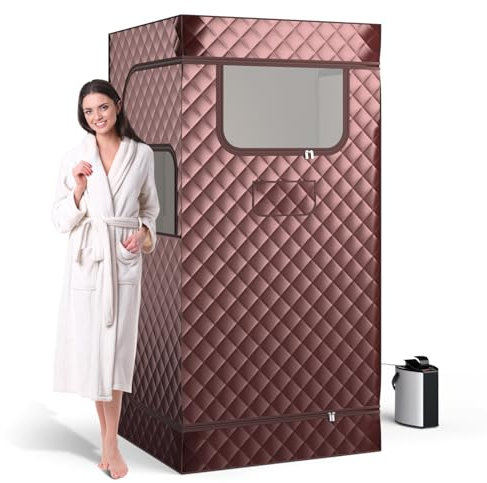 COSTWAY Portable Sauna Steam for Home, Full Body Sauna Tent Steam Room with 3L Steamer Generator, Remote Control and Folding Chair, Personal Home Sauna Pod Box for Therapy Detox Slimming (Coffee)