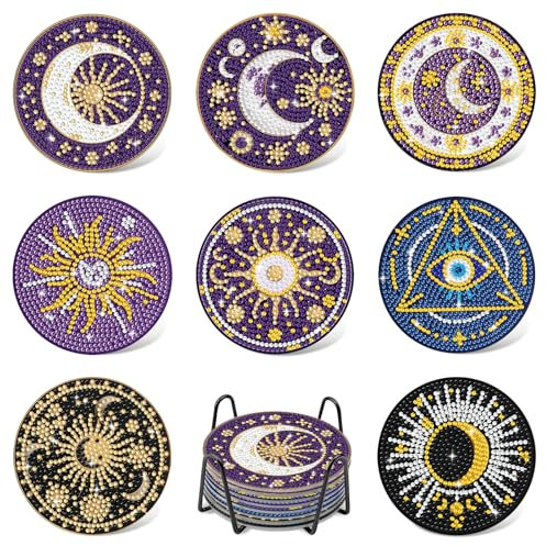8 Stück Diamond Painting Untersetzer Mit Halter, DIY Mond Stern Sonne Untersetzer rutschfest, Diamant Tassenuntersetzer Zubehör für Erwachsene, Anfänger