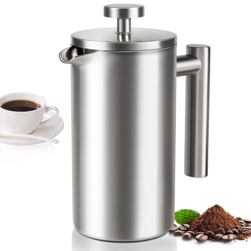 SZHETEFU Cafetière à piston à piston simple en acier inoxydable 304, élégante cafetière de voyage, capacité de 1 à 2 tasses, mini cafetière de camping, presse à thé, argent, 350 ml
