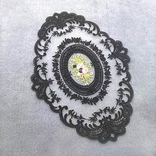 Anevous 1 set de table ovale en dentelle, décoratif, vintage, 31 x 42 cm, napperon en dentelle, motif fleur brodée, lavable, pour décoration de cuisine, salle à manger, noir