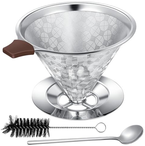Zeawavsl Kaffeefilter, Edelstahl-Kaffeefilterhalter, Papierlose Dauer. Wiederverwendbarer Tropfkaffeeaufsatz Inklusive LöFfel Und ReinigungsbüRste, Perfekt FüR 3–4 Tassen.