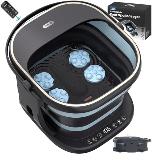 Puboo Collapsible Foot Spa Bath Massager with Heat Foot Soaking Tub Pedicure Foot Spa, Support Rods, Red Light, Motorized 16 Massage Balls, Wireless Remote, Black Gift Box, Up to Men US-11.5