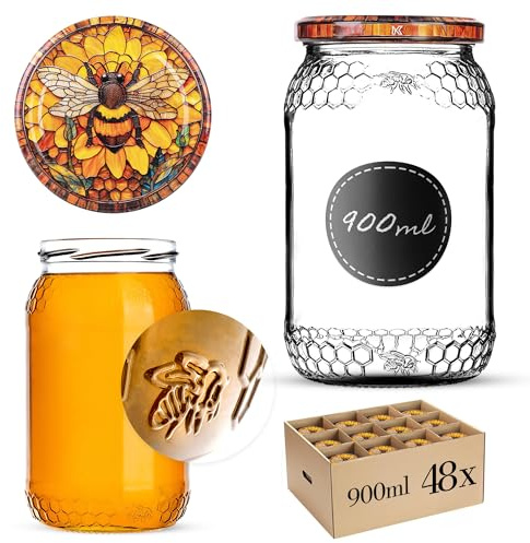 KADAX Tarros de miel de 900 ml, con tapa de rosca fi82 mm, tarros para miel, tarros de mermelada, tarros de rosca (abeja amarilla, 48 unidades)
