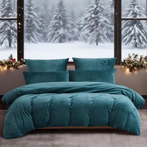 YASMENG Ropa de cama de invierno 220x240 cm color petróleo liso cálida acogedora mullida ropa de cama de invierno suave cálida de terciopelo felpa vellón franela juego de funda nórdica de 3 piezas con