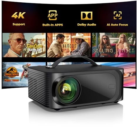 Beamer Passend für Netflix Offiziell Dolby Audio Beamer 4K Heimkino ONOAYO 1500ANSI HDR10+ HDMI eARC, 1080P Full HD KI-Autofokus WiFi 6 Bluetooth 5.3 Tragbarer Mini Smart Projektor ​​​​Kino Überall