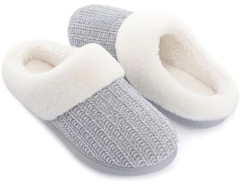 RockDove Women's Plushloom Warm Chenille Knit Cute House Slipper with Sherpa Fleece Lining Memory Foam Cushion and Non Slip Sole, Size 11-12 US Women, Cool Grey